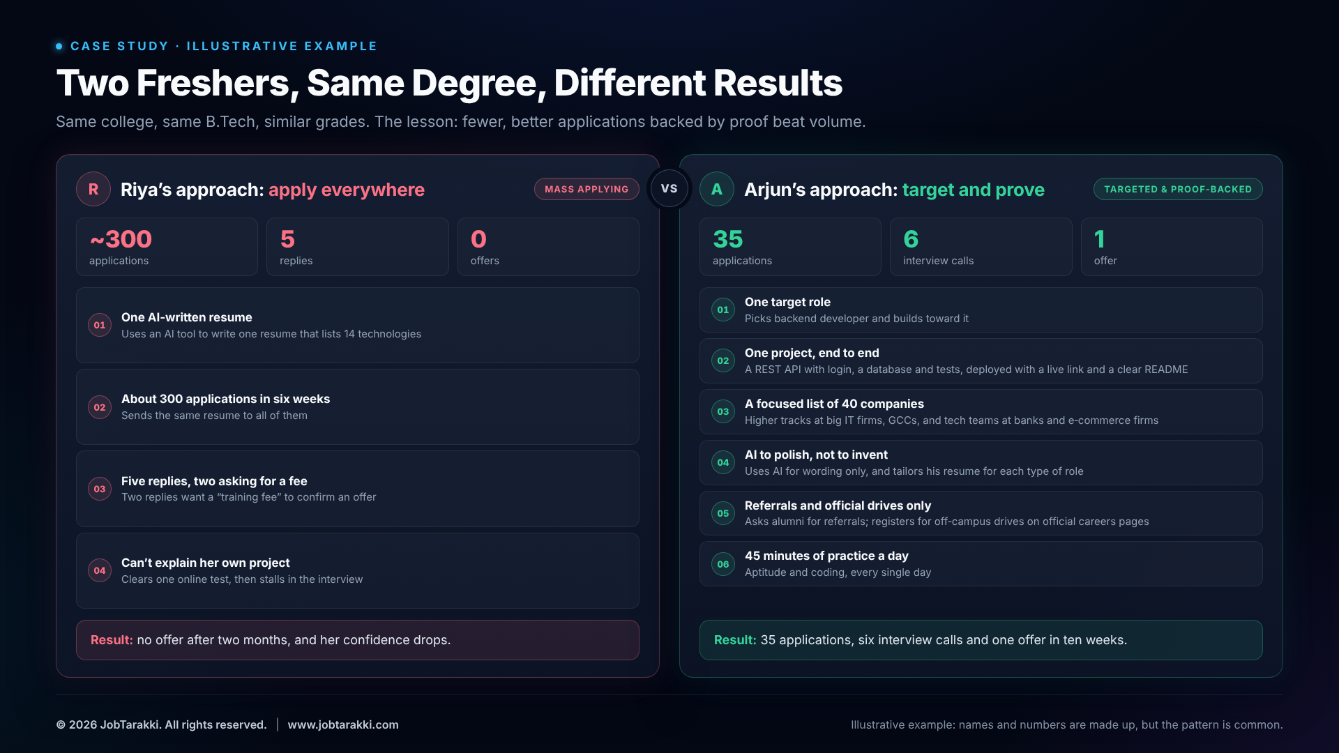 Two freshers with the same degree: mass applying vs targeted, proof-backed applications